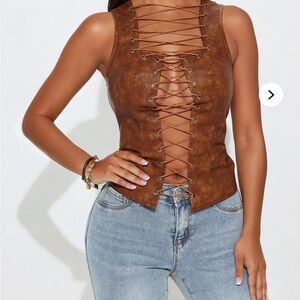 Brown Lace-Up Leather Top